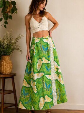 Vintage Butterfly Print Wrap Skirt Cottagecore Boho A-Line